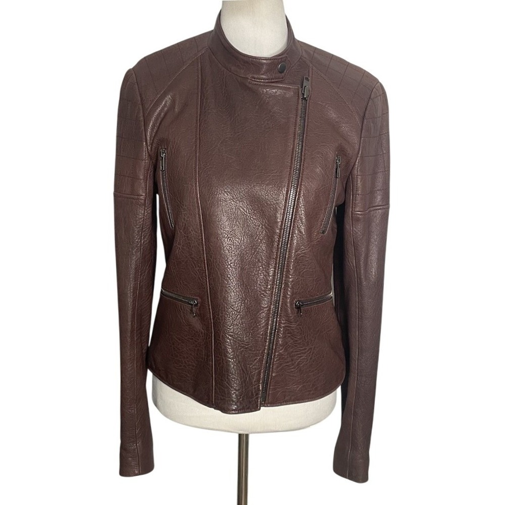 Theory Moto Lamb Leather Jacket Brown Lined Assymetrical Zipper Women's Large